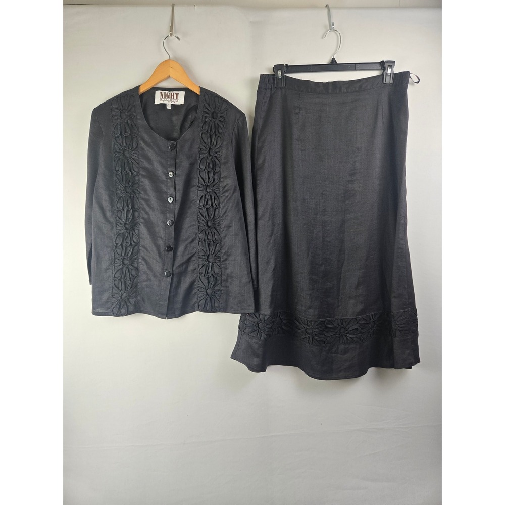 Night Studio Linen Skirt Suit Set 14 Black Floral Ribbon Embroidery 6104 2138